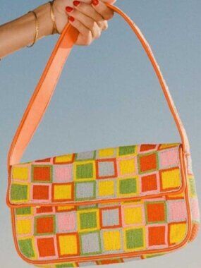 Staud Tommy Bag Multi Mosaic Check Multicolor Beaded Orange Colorblock Shoulder